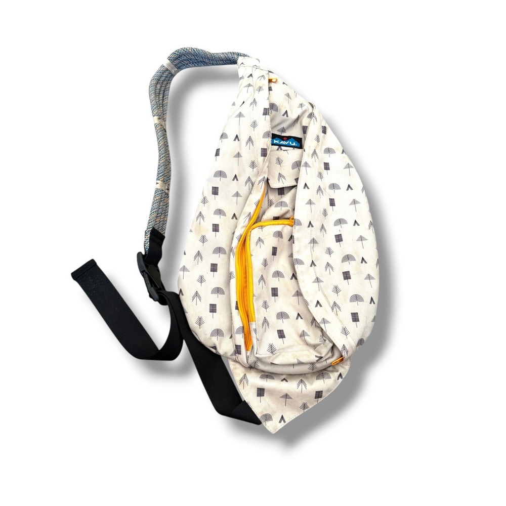 KAVU Rope Sling Bag Cream Black Tree Print Yellow Zip Crossbody Backpack